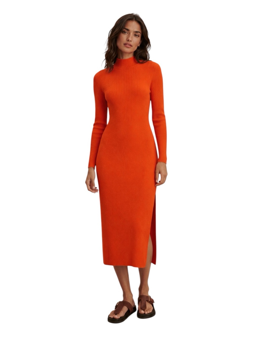 H&M Ribbed Knit Orange Mock Neck Midi Dress Small Bodycon Minimalist Chic